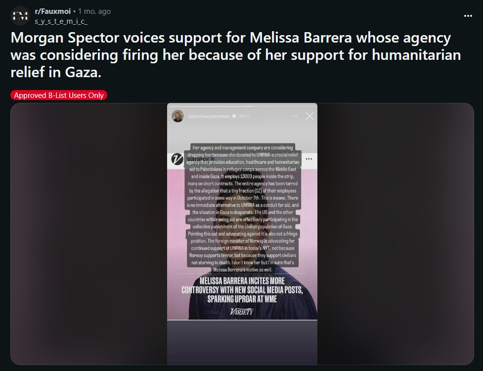 Morgan Spector Voices Support For Melissa Barrera Whose Agency Was Considering Firing Her Because Of Her Support For Humanitarian Relief In Gaza