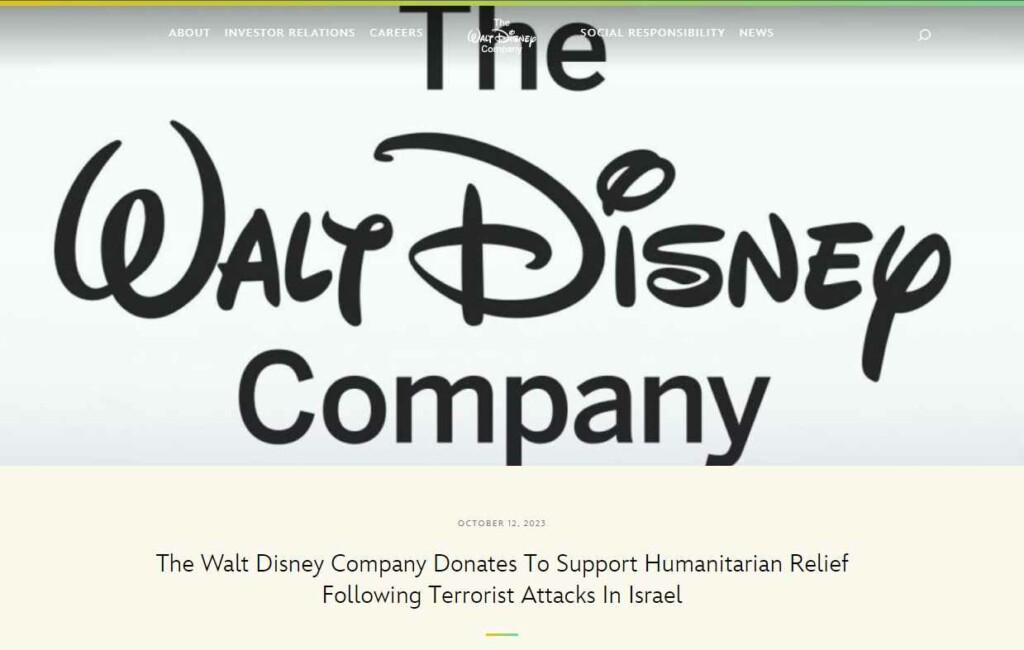 The Walt Disney Company Donates To Support Humanitarian Relief Following Terrorist Attacks In Israel