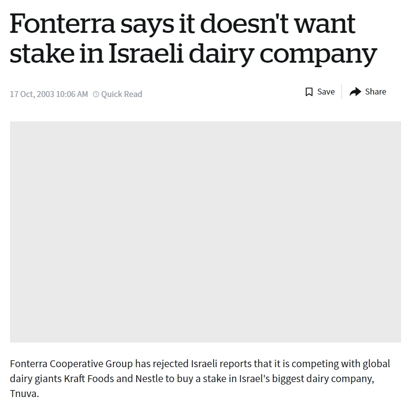 Fonterra Says It Doesn't Want Stake In Israeli Dairy Company