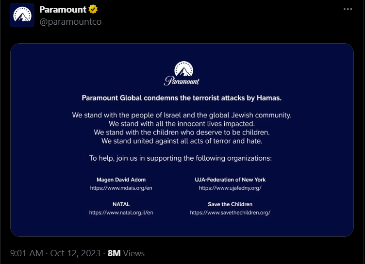 Paramount Showing Support For Israel On X